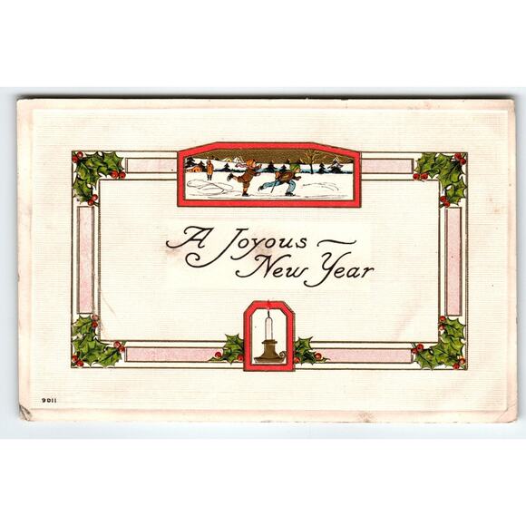 Vintage 1907-1915 Divided Back New Year Postcard with Ice Skating Scene - Picture 1 of 2